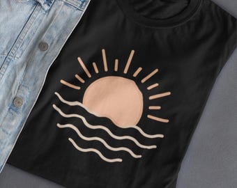 Minimalist Ocean Sunrise Shirt: Boho Coastal Graphic Tee