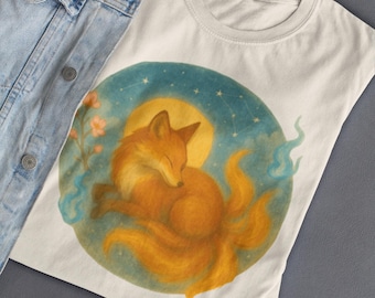 Celestial Fox Spirit Art Shirt: Kitsune Moon & Stars Tee
