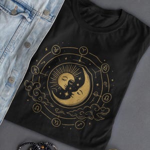 Celestial Harmony T Shirt | Sun and Moon Zodiac Tee | Gold Mystical Astrology Shirt | Cosmic Balance Gift | Unisex Esoteric Star Design