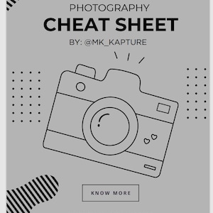 Op de afbeelding: Een grijze fotografie cheat sheet met een camera-illustratie. De tekst luidt "Photography Cheat Sheet" en "Know More". De Instagram-handle is @MK_KAPTURE. Zwarte en witte geometrische vormen en stippen omlijsten de afbeelding.