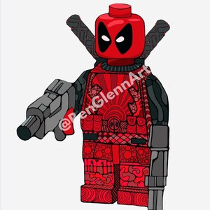 May include: A red and black Lego figurine of Deadpool with a detailed, patterned design. The figurine is holding a gun in one hand and a sword in the other. The figurine is wearing a red and black suit with a black mask.