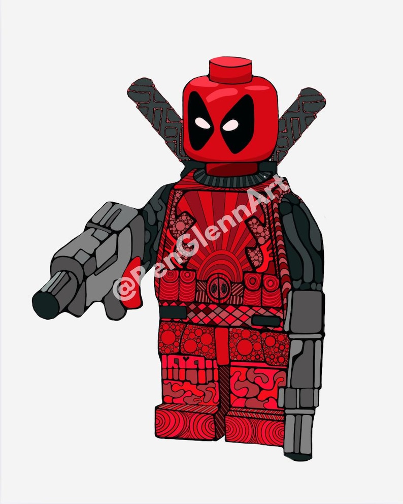 May include: A red and black Lego figurine of Deadpool with a detailed, patterned design. The figurine is holding a gun in one hand and a sword in the other. The figurine is wearing a red and black suit with a black mask.