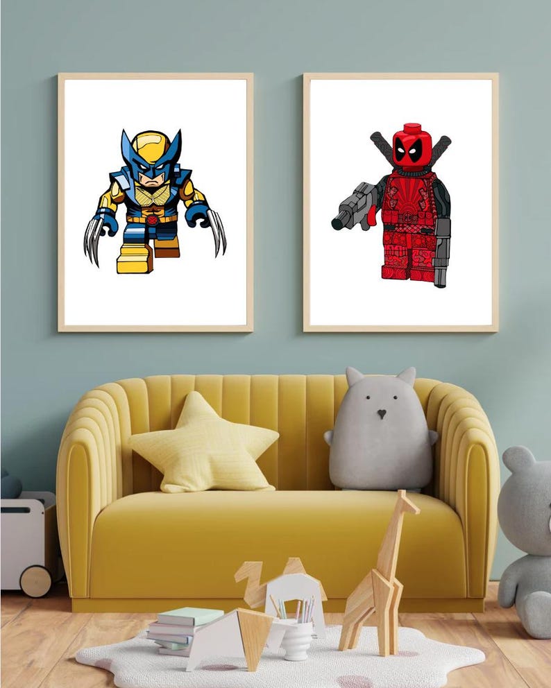 May include: Two framed prints of Lego superhero characters. The print on the left features Wolverine in his signature yellow and blue costume. The print on the right features Deadpool in his red and black costume.