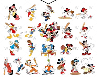 May include: A collection of 22 baseball-themed designs featuring cartoon characters. The designs include Mickey Mouse, Donald Duck, Goofy, and others in various baseball poses, with bats, balls, and gloves. The image includes the text "SVG-PNG" and "22 DESIGNS".