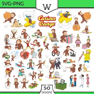 Puede incluir: Una colección de 50 diseños de Curious George en formato SVG-PNG. Las ilustraciones muestran al mono en diversas actividades, como leer, andar en bicicleta y sostener una calabaza. Los diseños son en marrón, amarillo y rojo.