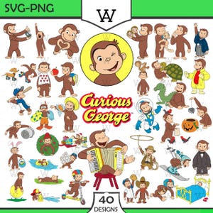 Puede incluir: Una colección de 40 diseños de Curious George en varias poses y actividades. La imagen incluye el logotipo de Curious George y el texto "SVG-PNG". Los diseños presentan al mono en diferentes atuendos y entornos.