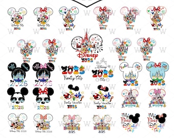 May include: A collection of 29 Disney-themed SVG and PNG designs. The designs feature Mickey and Minnie Mouse, castles, and text such as "Disney Trip 2025", "Family Trip 2025", and "Disneyland". The designs are in various colors.