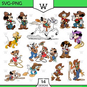 May include: A collection of 14 cartoon cowboy designs featuring Mickey Mouse, Minnie Mouse, Donald Duck, Goofy, and Pluto. Each character is dressed in western attire, including cowboy hats, boots, and ropes. The designs are in a colorful, cartoon style.