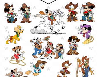 May include: A collection of 14 cartoon cowboy designs featuring Mickey Mouse, Minnie Mouse, Donald Duck, Goofy, and Pluto. Each character is dressed in western attire, including cowboy hats, boots, and ropes. The designs are in a colorful, cartoon style.