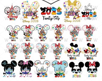 May include: A collection of 23 Disney-themed SVG and PNG designs. The designs feature Mickey and Minnie Mouse, castles, and the text "Disney 2025" and "Family Trip". The designs are in various colors and styles, perfect for crafting.