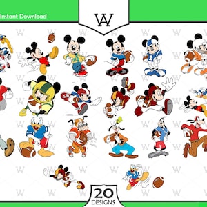 Op de afbeelding: Een verzameling van 20 cartoonontwerpen met Mickey Mouse, Donald Duck en Goofy die American football spelen. Elk personage wordt in verschillende poses afgebeeld, met voetbaluniformen en een voetbal. De ontwerpen zijn in een kleurrijke cartoonstijl.