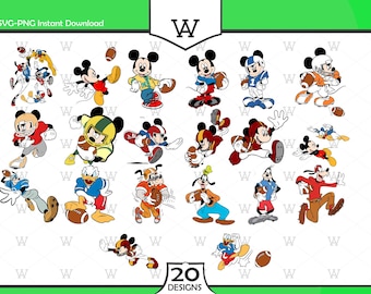 Mouse And Friends Football Svg, 20 Designs Easy to use, Cartoon Characters, Layered Svg by colors, Transparent Png, Cut files for Cricut.