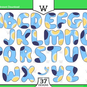 Blue Dog Alphabet With Numbers Svg, 37 Designs Easy to use Cartoon Characters, Layered Svg by colors, Transparent Png, Cut files for Cricut.