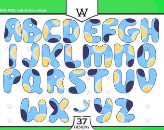 Alfabeto SVG de perro azul: números y letras de dibujos animados - Archivos de corte de Cricut