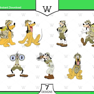 May include: A collection of seven cartoon designs featuring Pluto and Goofy in safari outfits. The characters are depicted in various poses, some with binoculars, cameras, and backpacks. The designs are in a vector style, with the text "SVG-PNG Instant Download" at the top.