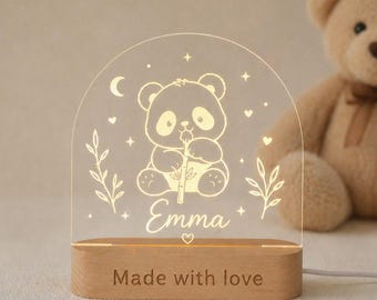 Personalized panda night light,eEngraved acrylic lamp, nursery decor