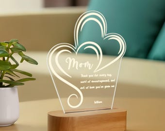 Luz de noche personalizada para mamá: regalo personalizado para el Día de la Madre con base de madera grabada