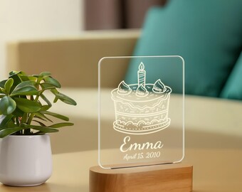 Luz de noche personalizada con forma de pastel, acrílico grabado a medida, alimentación por USB