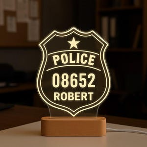 Personalized Police Badge Night Light - Custom LED Light for Law Enforcement Fans, Officers, and Police Enthusiasts, With number and name