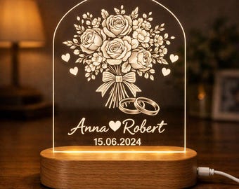 Lámpara de noche acrílica con ramo de novia y anillos de boda, regalo para pareja, decoración de compromiso