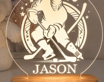 Personalized acrylic night light with hockey and stick engraving, sports decor led acrylic lamp