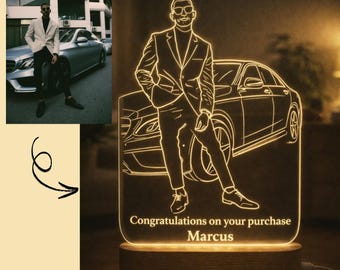 Lámpara de noche personalizada con tu foto y coche, lámpara de noche acrílica personalizada, lámpara LED grabada con retrato