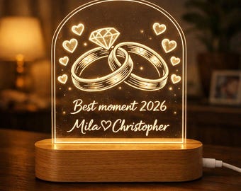 Lámpara de noche nupcial personalizada con anillos de boda, un regalo para una boda o aniversario.