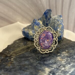 Floral Resin Art Ring, Resin Cabochon Ring, Vintage Style Resin Ring, Artisan Resin Ring, Adjustable Resin Ring