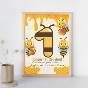 Letrero de mesa de cumpleaños de abeja, decoración para primera fiesta, letrero amarillo personalizado de abeja para niña, letrero para evento infantil, plantilla editable, descarga instantánea, A110
