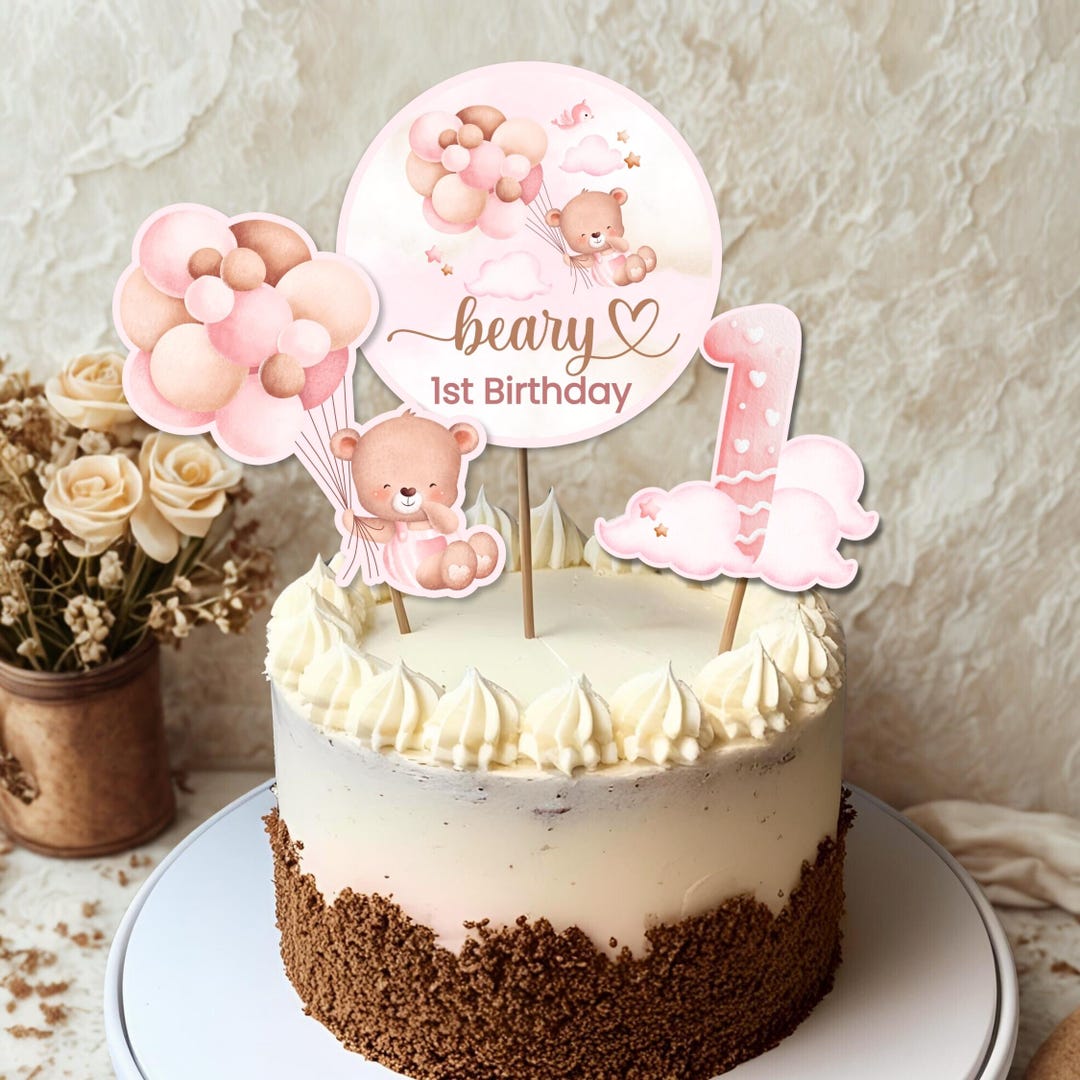 Cute Pink Bear Birthday Cake Topper, Baby Girl First Birthday Party ...