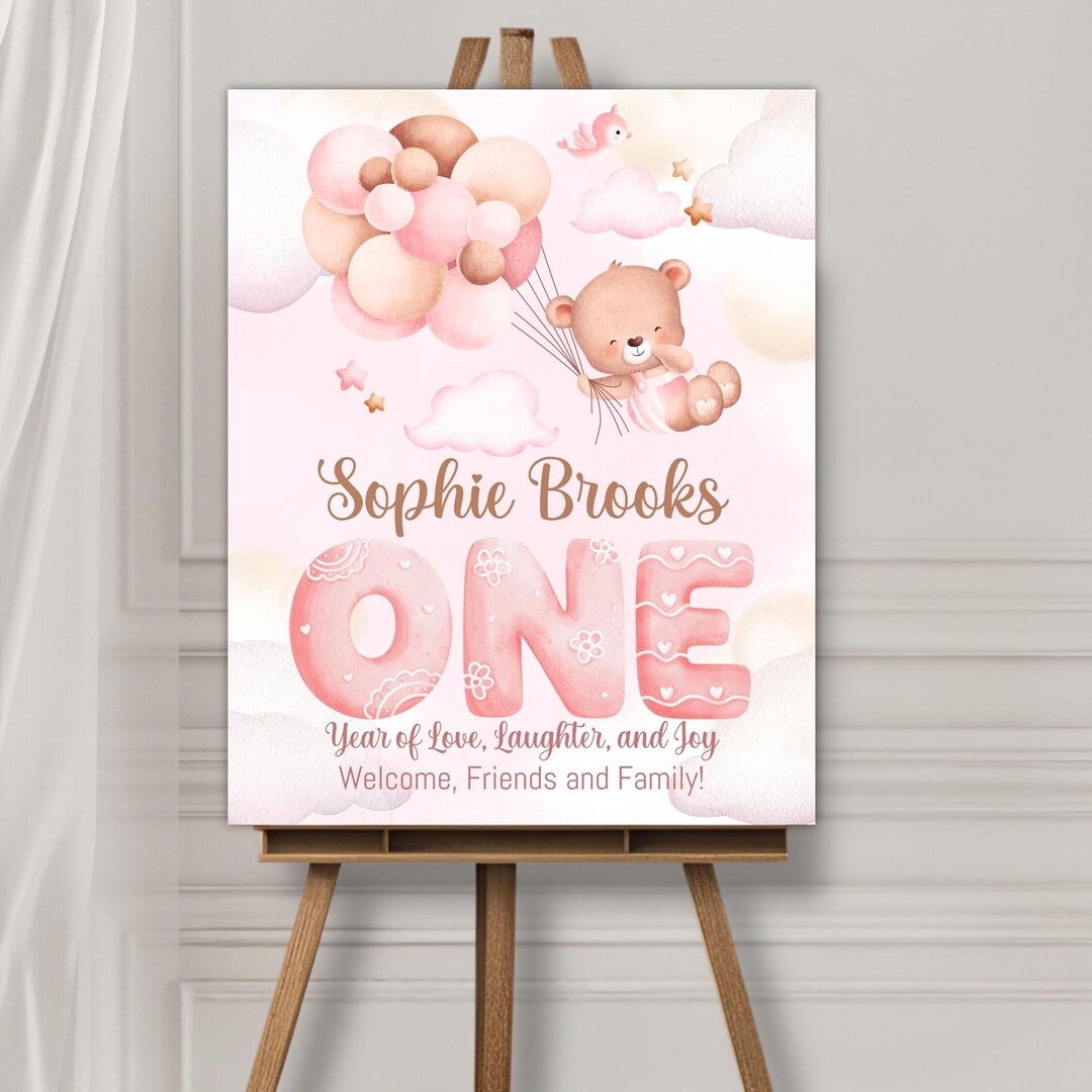 Customizable Bear Theme Pink 1st Birthday Welcome Sign, Editable Girl ...