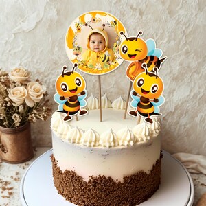 Customizable Cute Bee Theme Birthday Cake Toppers, Smash Cake Toppers, Cake Centerpieces, Editable Bee Party Decor, Customizable Photo, A109