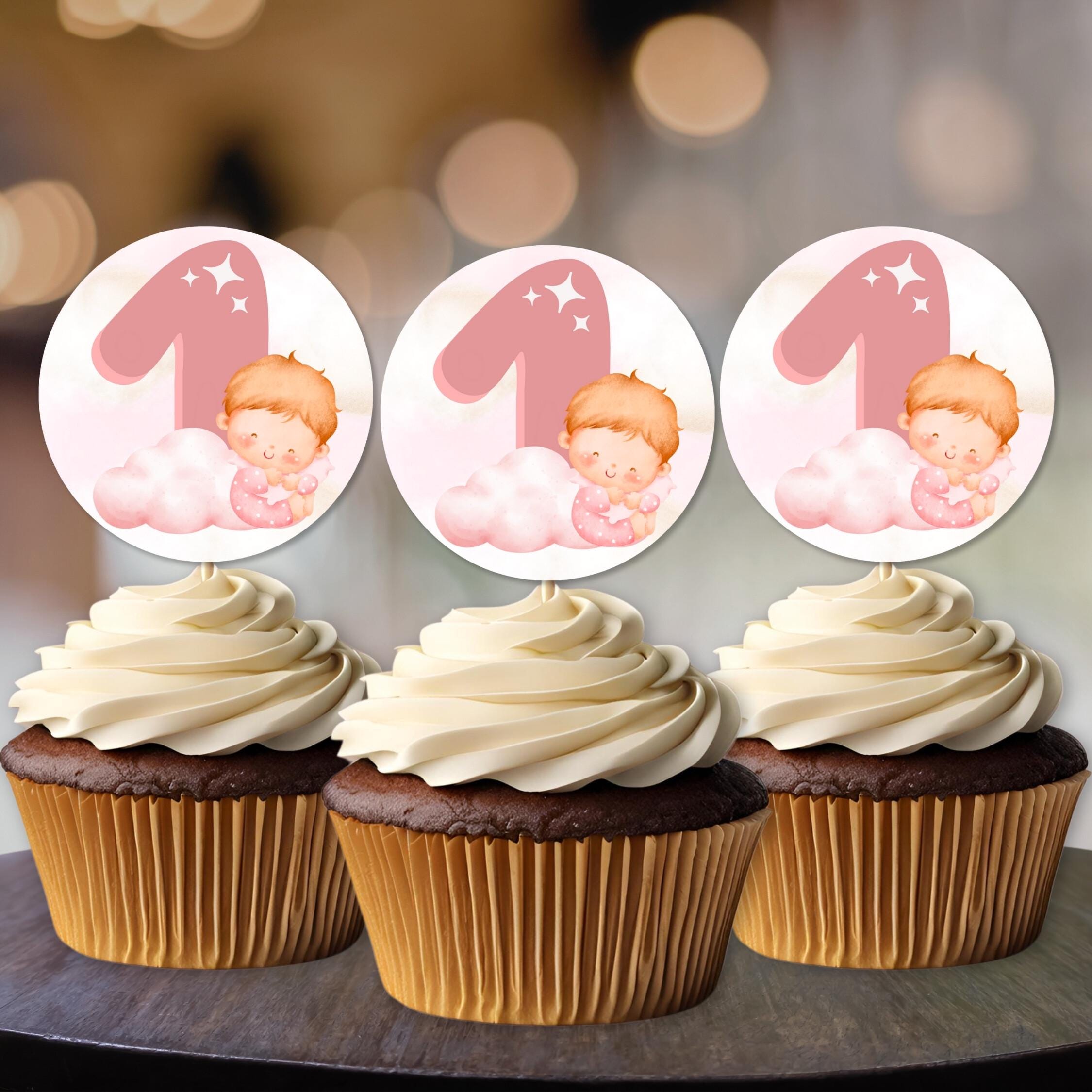 Pink Theme Cute Cupcake Toppers, 1st Birthday Party Decor, Baby Girl First Birthday Topper, Cake Centerpiece, Smash Cake Topper, A106