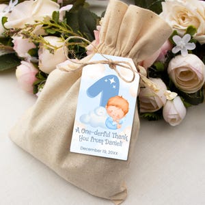 Blauwe 1e verjaardag bedankkaartje voor jongen, afdrukbaar bedankkaartje, bewerkbaar label traktatiezakje, cadeaukaartje decoratie eerste verjaardag, A105