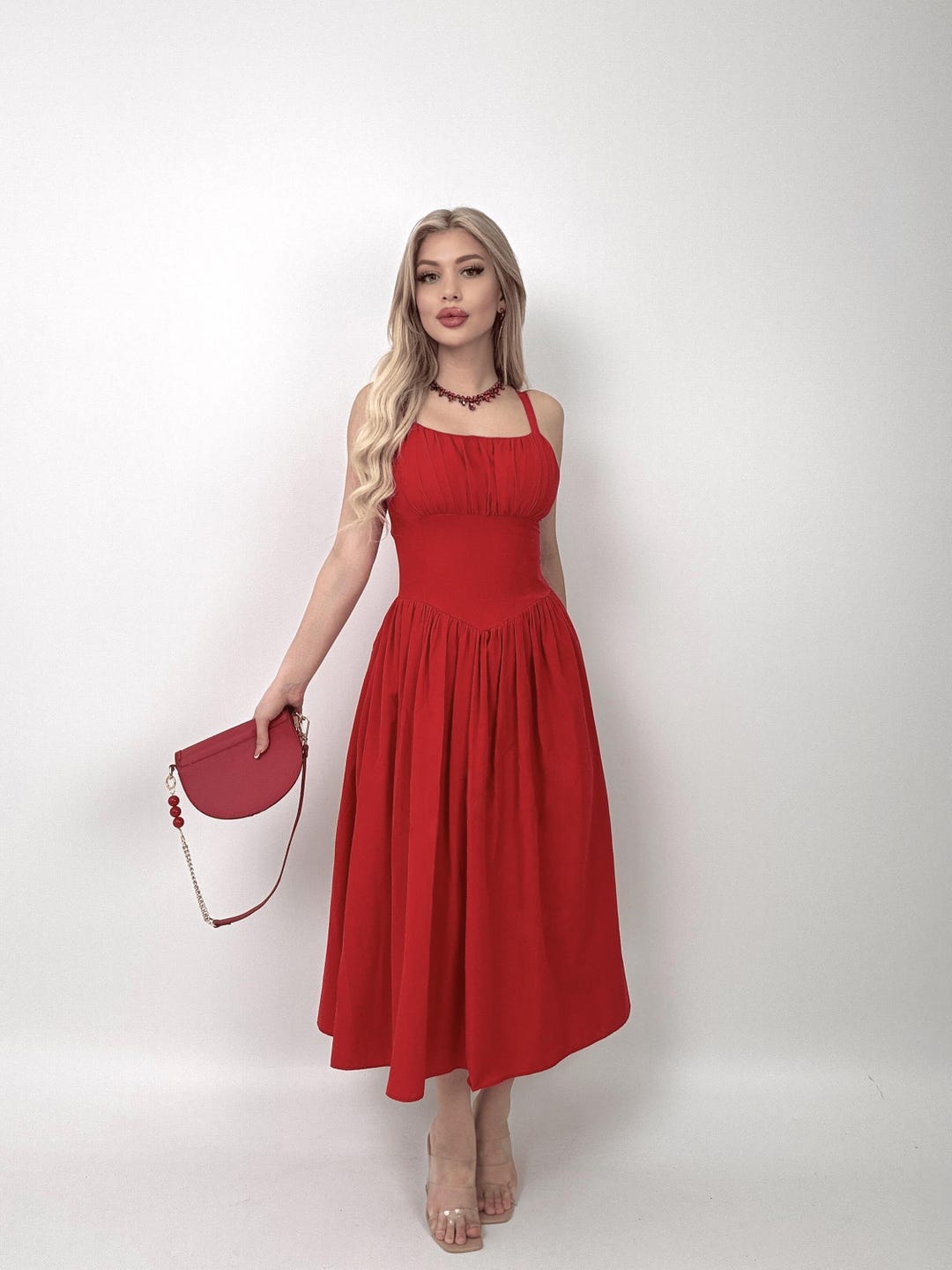 Chicago Pleated Bust Cami Strap Dress Red