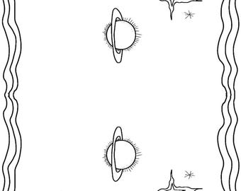 May include: A black and white line drawing of a celestial scene with planets, stars, and crescent moons. The planets have rings and the stars are stylized with points. The background is a wavy pattern.