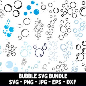 Puede incluir: Una colección de diseños de burbujas en varios estilos y tamaños. Algunas burbujas están delineadas en negro, otras están rellenas de azul y algunas tienen un contorno azul claro. El texto "BUBBLE SVG BUNDLE" está en la parte inferior, junto con las opciones de tipo de archivo.