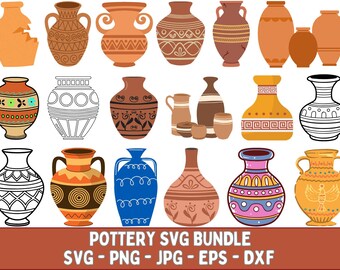 May include: A collection of various pottery designs in shades of brown, orange, and blue. The image includes vases, urns, and other ceramic vessels with decorative patterns. Text at the bottom reads "POTTERY SVG BUNDLE SVG - PNG - JPG - EPS - DXF".
