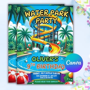 Water Park Birthday Invitation,Water Park Party Invitation,Summer Pool Party,Waterslide Birthday Party,Instant Download,Editable,Canva