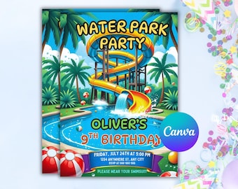 May include: A vibrant invitation for a water park party. The design features a colorful illustration of a water slide, a pool, palm trees, and beach balls. Text includes "Water Park Party", "Oliver's 9th Birthday", and event details.