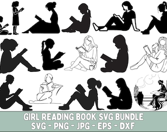 Girl Reading Book SVG Bundle, Book Art (Digital Download)
