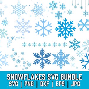 Pode incluir: Uma coleção de flocos de neve azuis em vários designs e tamanhos contra um fundo branco. A imagem inclui o texto "SNOWFLAKES SVG BUNDLE" com opções de tipo de arquivo: SVG, PNG, DXF, EPS e JPG.