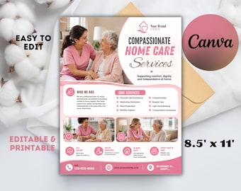 Può includere: Un modello di volantino per servizi di assistenza domiciliare con design rosa e bianco. Il documento include sezioni per informazioni aziendali, elenchi di servizi e contatti, con dimensioni di 21,6 cm per 27,9 cm.