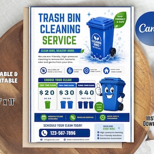 May include: A printable flyer for a trash bin cleaning service. The design features a blue trash bin with the text "Trash Bin Cleaning Service" in blue and green. The flyer includes service options and contact information.