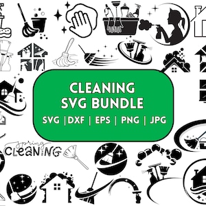 Puede incluir: Un conjunto de iconos de limpieza en blanco y negro, que incluyen una escoba, un cubo, una esponja, una ventana, una casa y una mano. Los iconos están dispuestos en un círculo alrededor del texto "CLEANING SVG BUNDLE" y "SVG | DXF | EPS | PNG | JPG".