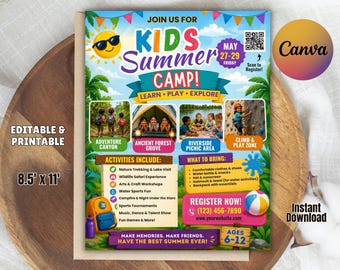 Plantilla editable para folleto de campamento de verano infantil, folleto de club de actividades de verano para niños, póster de verano, folleto de evento de verano, póster imprimible para campamento de verano.