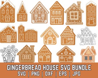 May include: A collection of gingerbread house designs in various styles, with intricate icing details and window patterns. The houses are in shades of brown and white, with some outlined in black. The image includes the text "GINGERBREAD HOUSE SVG BUNDLE".