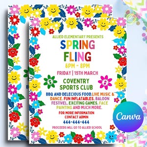 Spring Fling School Flyer Invitation, Editable Spring Fling Festival Fundraiser Template, Editable PTO PTA School Dance Event