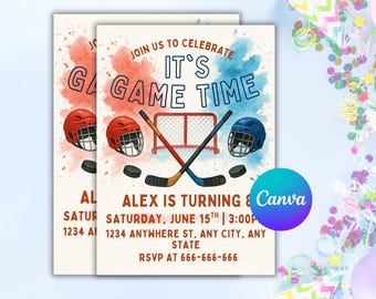 May include: Two hockey-themed birthday party invitations. The design features hockey helmets, sticks, and a net, with the text "It's Game Time." The invitations include event details and a Canva logo.