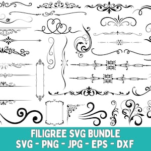 May include: A collection of black filigree SVG designs, including borders, flourishes, and decorative elements. The image features various ornate patterns, perfect for digital design projects. The text "FILIGREE SVG BUNDLE" is displayed at the bottom.